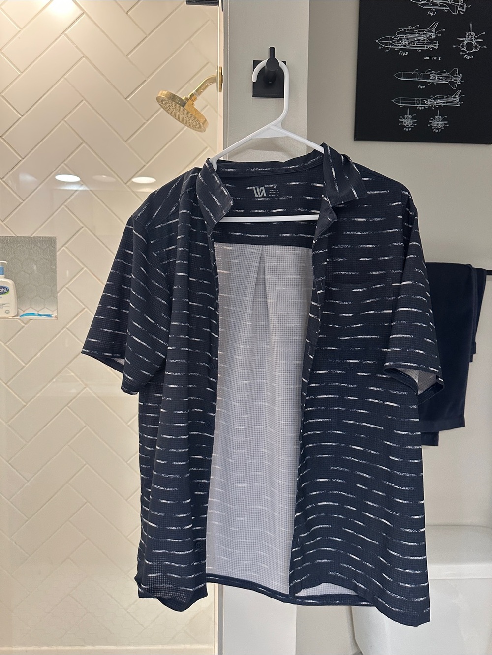 Men's Navy Short Sleeve Button-Down Shirt with Subtle Stripe - Performance Knit